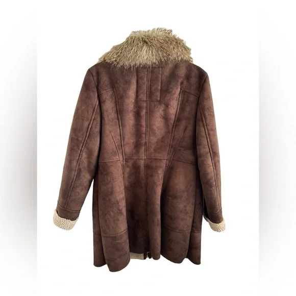 VTG Guess Coat Womens Large Y2K Faux Sherpa Fur Suede Long Length Brown - Picture 3 of 9